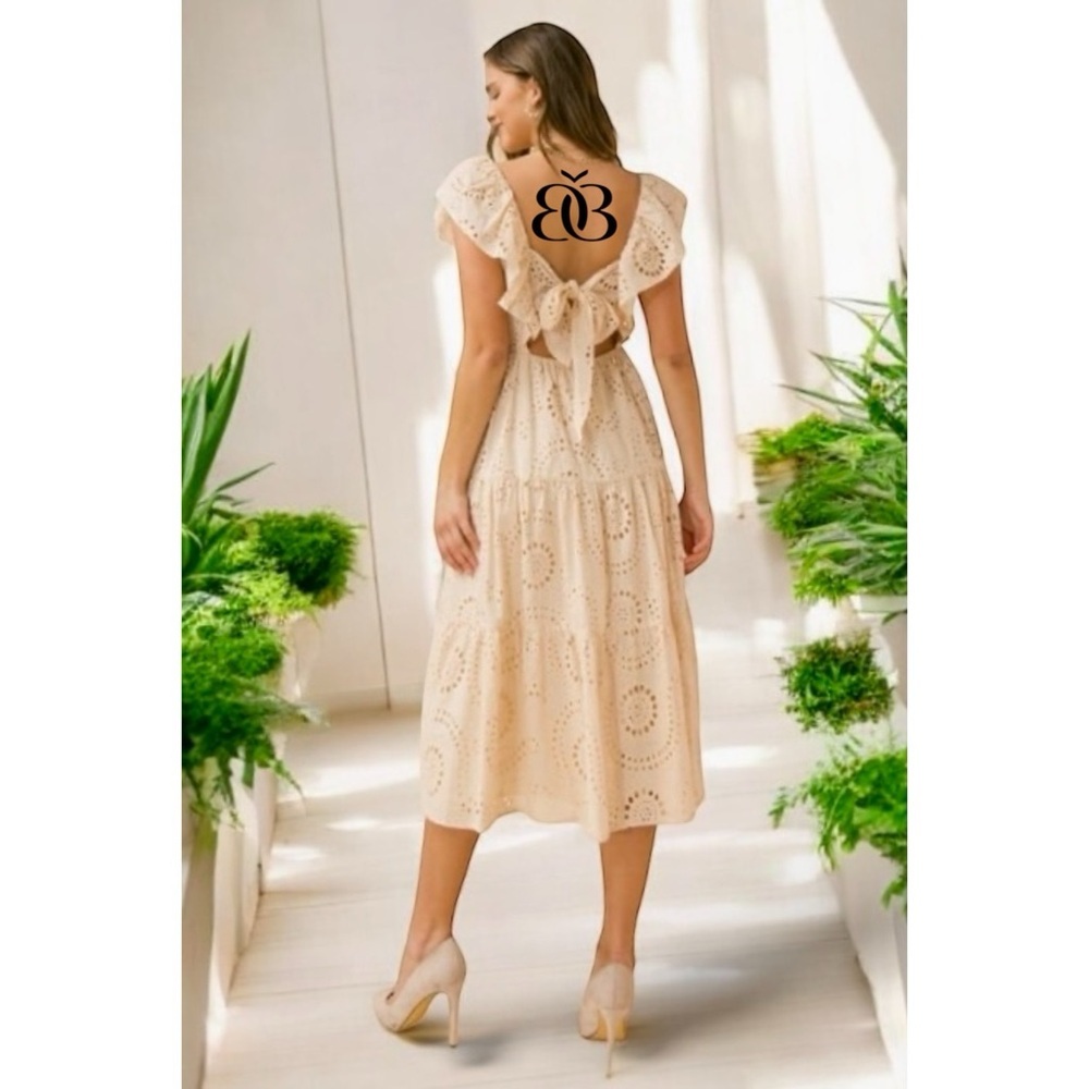 Flying Tomato Natural Beige Eyelet Ruffle & Bow Tiered Midi Dress - Picture 8 of 12